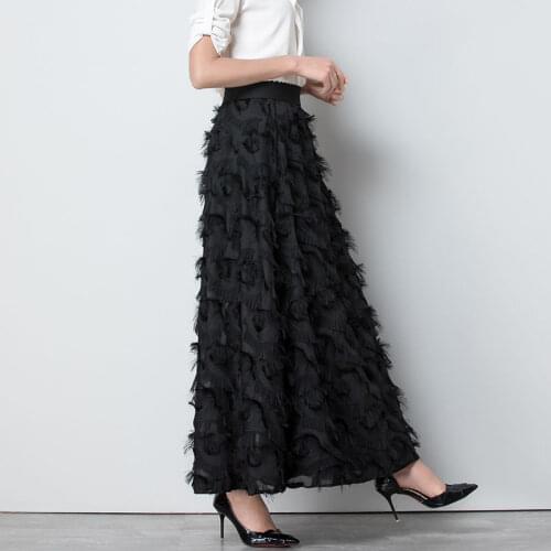New Spring 2020 Women Pleated Skirt Fashion Feather Tassel Pleated Skirt High Waisted Elastic Women Casual Party Long Skirt Y524