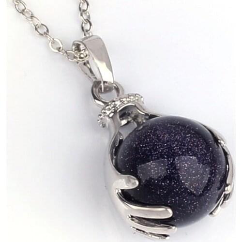 KFT Silvre Plated Blue Sand Hand Shape Stone Pendant Necklace Link Chain Fashion Jewelry For Women Girls Men