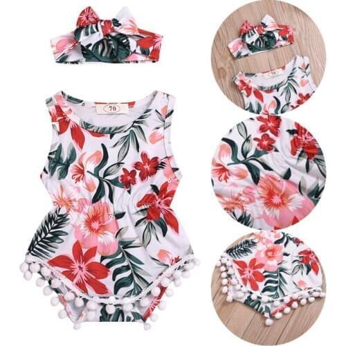 Infant Baby Girls Floral Romper Sleeveless Tassel Jumpsuit Headband Outfit Clothes Set Casual Toddler Rompers