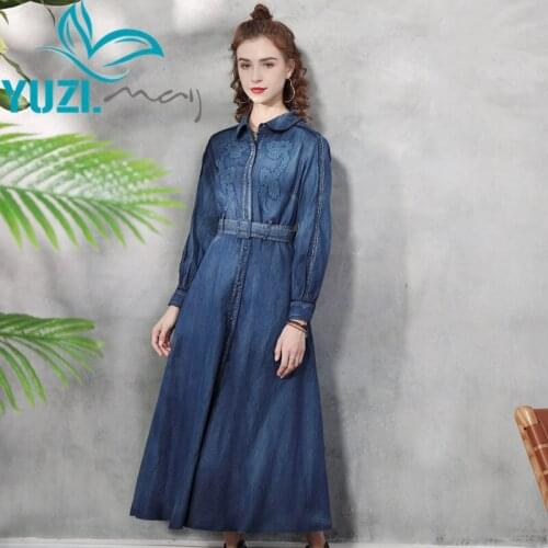 Dress For Women 2021 Yuzi.may Boho New Denim Dresses Turn-down Collar Long Sleeve Vintage Floral Embroidery Vestidos A82351