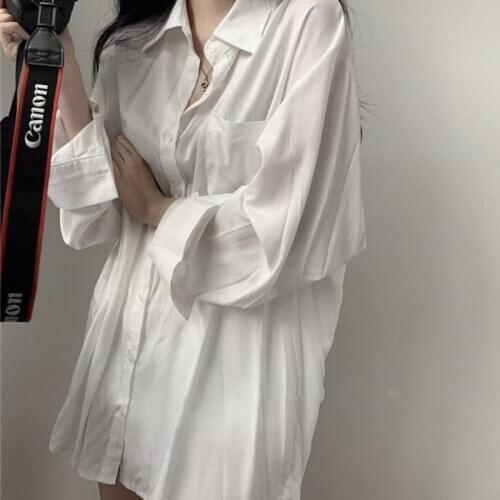 2021 Spring And Autumn Long-Sleeved Lapel Shirts For Women Loose Oversized Long Button Up Shirt Casual Blouse White Blue