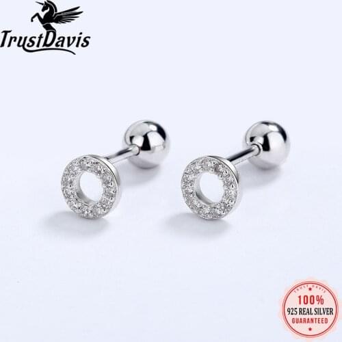 Trustdavis Real 925 Sterling Silver Round Shiny CZ Screw Stud Earrings For Women Children Baby Girls Minimalist Jewelry DB1427