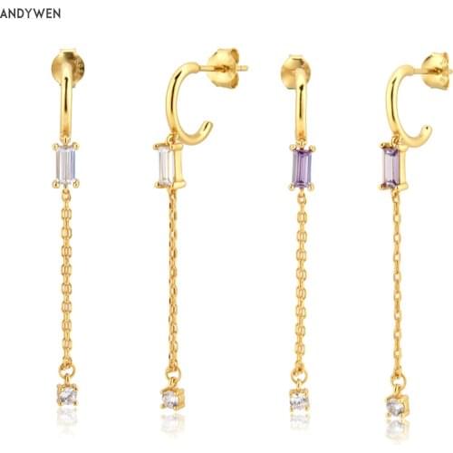 ANDYWEN 925 Sterling Silver Gold Purple White Zircon Drop Earring Piercing Crystal CZ Piercing Ohrringe Jewelry for Women