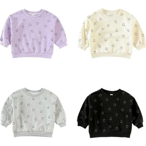 Girls Smile Printed Sweatshirt Round Neck Long Sleeve Pullover for Kids Korean Style Childrens Clothing for Girls Teenagers