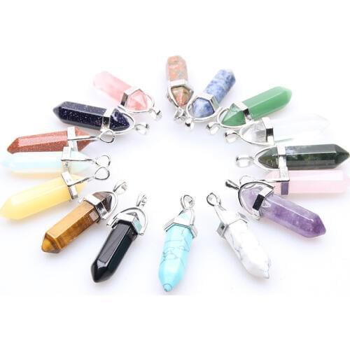 Multicolor Healing Point Chakra Pendants Hexagonal Quartz Crystals Bullet Shape Stone DIY Pendulum Beads For Jewelry Making Free