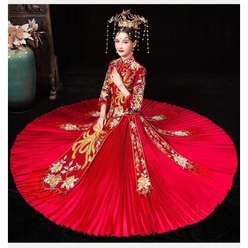 Vintage Red Bride Chinese Style Formal Dress Royal Phoenix Wedding Cheongsam Costume Traditional Embroidery Qipao