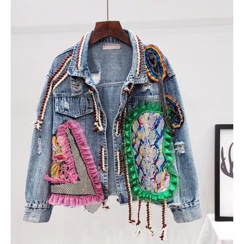 Denim Jacket Women Harajuku Plus Size Tassel Bandage Patchwork Jeans Coat 2021 Spring Autumn Lady Outwear Chaqueta Vaquera Mujer