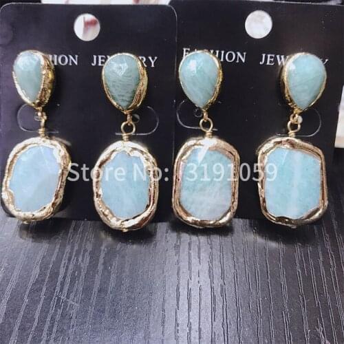 Blue Earrings New fashion atmosphere Natural stone style lady wind earrings female 24K Gold Plated woman earring
