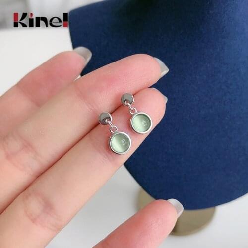 Kinel 2020 New Green Opal Earrings Round Small 925 Sterling Silver Earrings for Women Trendy Jewelry Pendientes