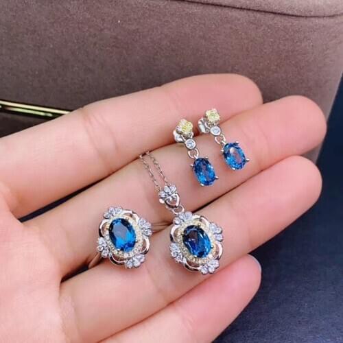 925 Sterling Silver Natural Blue Topaz Jewelry Sets Fashion For Women Anniversary Fine Jewelry Real Topaz Gemstones Certificate