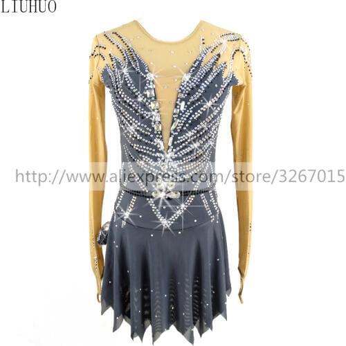Figure Skating Dress Womens Girls' Ice Skating Dress Competitive performance clothing Dark gray black Shiny rhinestone