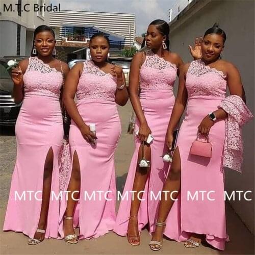 South African Bridesmaid Dresses One Shoulder Mermaid Pink Maid Of Honor Dress 2021 Plus Size Lace Wedding Party Gown