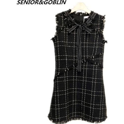 2019 High Quality Brand Dress Women Sleeveless Vest Dress Bow Necklace Autumn Winter Tweed Tassel Plaid Black Dress Vestidos