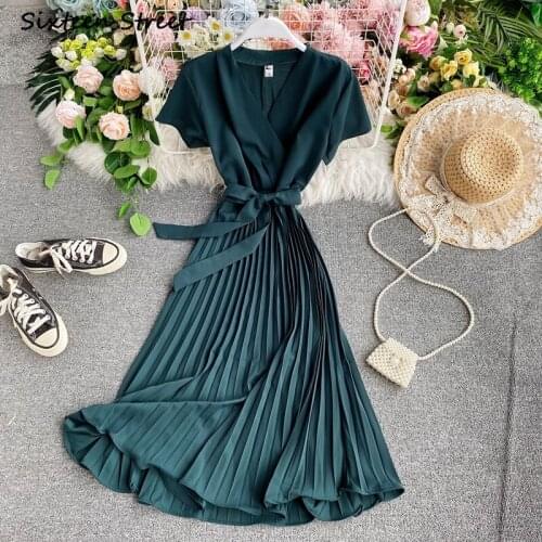 Dresses for Women Summer V Neck Short Sleeve High Waist Lace Pleated Sexy Dress Vintage Vestido De Mujer Y2k Clothing Women 2021