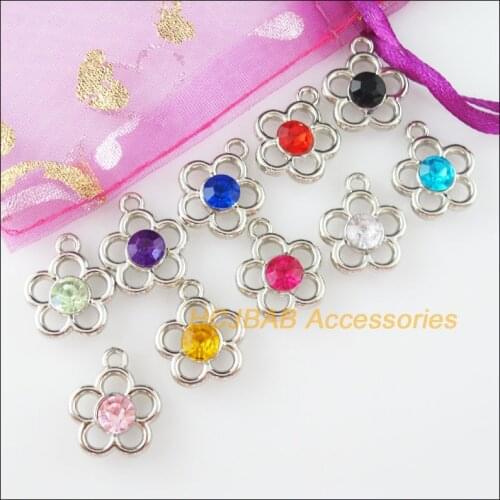 30 New Flower Charms Dull Silver Plated Mixed Crystal Star Pandants 15x17mm