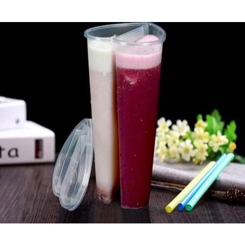 600ML Heart Shaped Double Share Cup Transparent Plastic Disposable Cups with Lids Milk Tea Juice Cups for Lover Couple