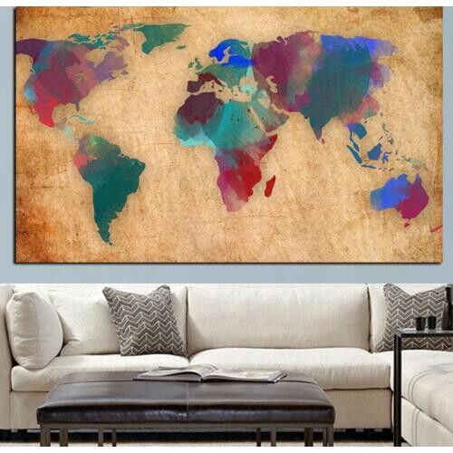 Abstract 3D Watercolor World Map Canvas Painting Retro Globe Maps HD Print On Canvas for Office Room Wall Picture Cuadros Decor