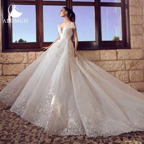 Aedmgh Ball Gown Empire Wedding Dresses 2021 Sweetheart Off The Shoulder Bride Dress Lace Appliques Court Train Bridal Gown
