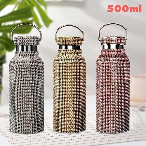 Behogar 500ml Diamond Thermos Sparkling Water Bottle Thermal Cup Coffee Mug Vacuum Flask Insulated Bottle Gift for Girls Women