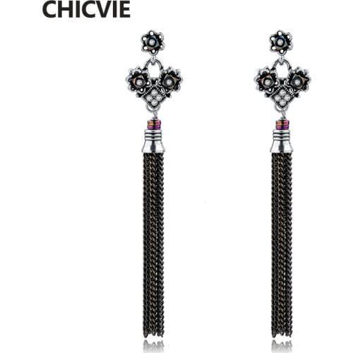 CHICVIE Ethnic Bohemia Silver Color Tassel Charms Drop Dangle Earrings for Women Crystal Ear Brand Jewelry Gifts SER160118