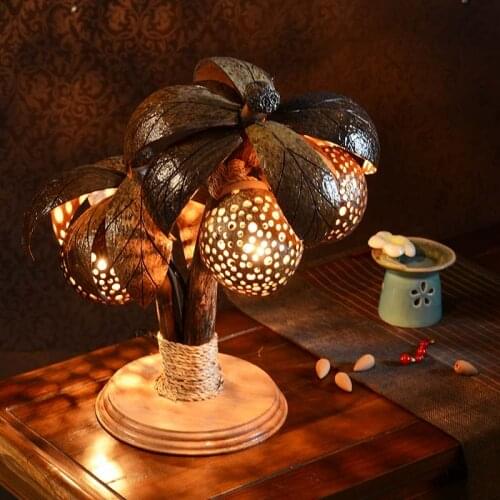 Wooden decoration Creative table lamp coconut tree lamp bedroom bedside net celebrity atmosphere night light handicraft home