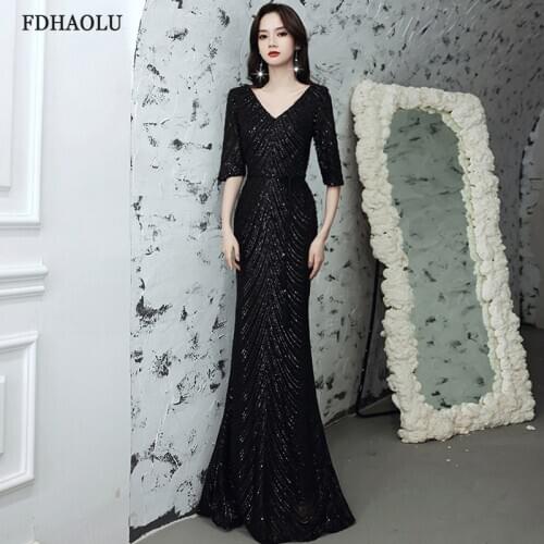 FDHAOLU FU136 Evening Dress Black Shining Sequin Floor-Length Formal Dress Mermaid Elegant Evening Gowns For Girl Robe De Soiree