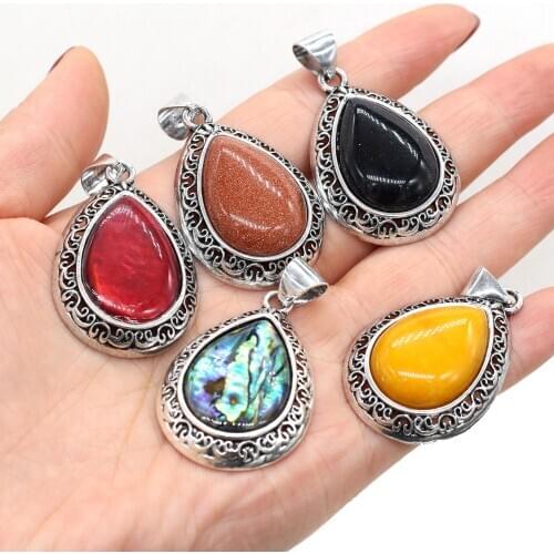 Fashion Drop Shape Pendant Natural Stone Crystal Aventurine Jades Abalone Shell Charms DIY for Necklace Jewelry Making 24x40mm