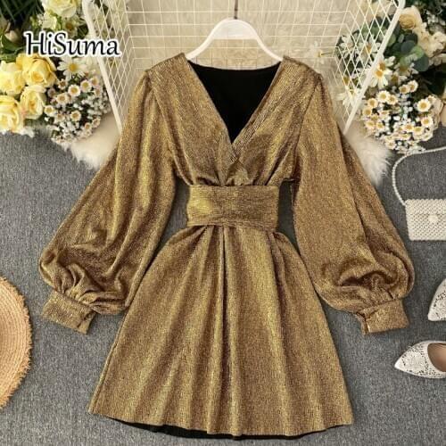 HISUMA 2020 spring autumn new women chic deep V-neck lantern sleeve bring silk fairy dress female elegant lace-up A-line dresses