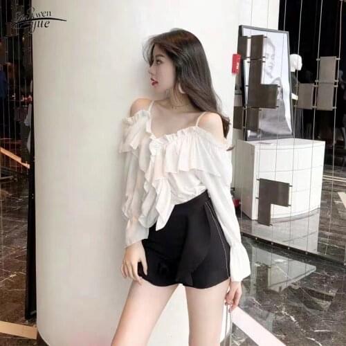 Spring and autumn new shirt French retro long-sleeved shirt one-shoulder solid color strapless blouse top 16135