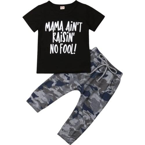 1-6Y Summer Causal Infant Kids Baby Boys Clothes Sets 2PCS Letter Short Sleeve Black T-Shirts+Camouflage Pants