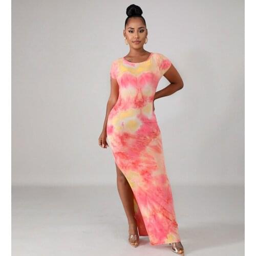2021 Sexy Women Dress Tie Dye O Neck Short Sleeve Split Long Dress Fashion Print Bodycon Club Feminina Ankle Length Dressve