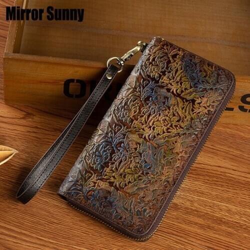 RFID Genuine Leather Clutch Bag Womens First Layer Cowhide Leather Long Wallet Retro Multi-Card Mobile Phone Bag Zipper Purse