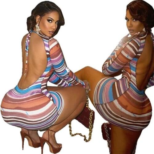 RMSFE 2021 Womens Long Sleeve Round Neck Fashion Personalized Hollow Lace Up Sexy Stripe Hip Wrap Dress