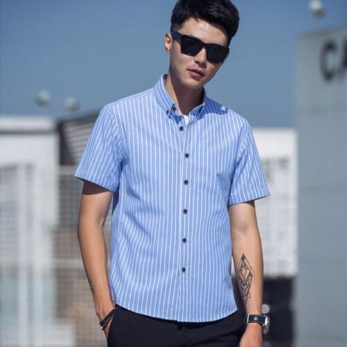 High quality new short sleeve shirt slim striped pure cotton casual short sleeve shirt simple square collar short sleeve shirt