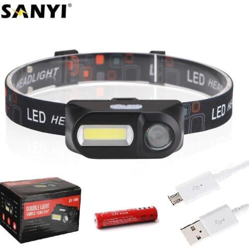 Sanyi Mini COB LED Headlight Headlamp Head Lamp Flashlight USB Rechargeable 18650 Torch Camping Hiking Night Fishing Light