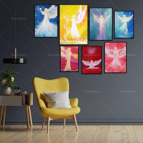 Angel home decoration, "Shining for You" spiritual wall painting on canvas. Living room meditation decoration, birthday gift for