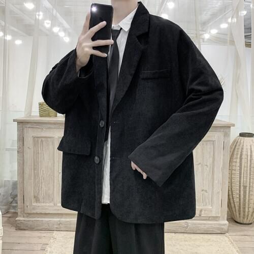 Vintage Corduroy Dad Suit Jacket Men Raglan Sleeve Loose Blazer Coat Male Trendy Streetwear Clothing Retro Outfit Black Grey