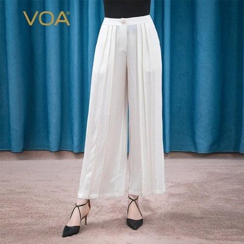 VOA Ivory White 22M/m Jacquard Buckle To The Silk Hole Inverted Pleated Breathable Silk Wide-leg Woman Pants KE87