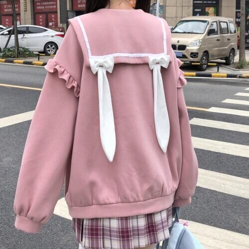 Japanese Winter Soft Girl Sweatshirt Sweety Sailor Collar Kawaii Rabbit Ears Bow Pullover Loose Full Sleeve Ruffles Sweatshirts