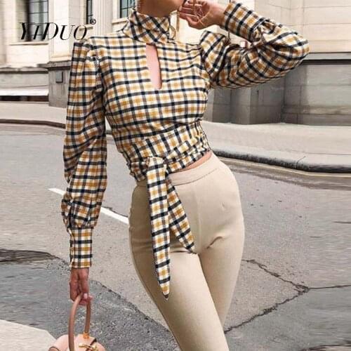 YiDuo Sexy Backless Turtleneck Choker Classic Vintage Plaid Women Shirt Lace Up Crop Top New Lady Long Sleeve Blouse Streetwear