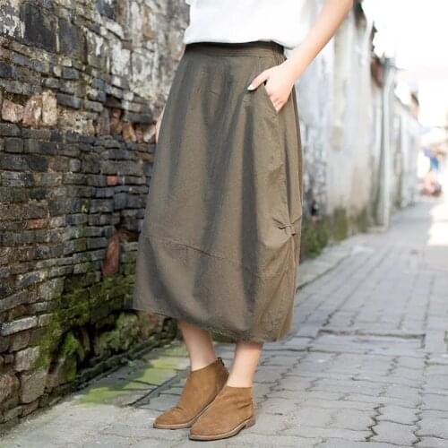 Mori Girl Cotton and Linen Loose Waist Pure Color Skirt Female Japan Harajuku Ethnic Vintage Long Lantern Skirt Women Clothing