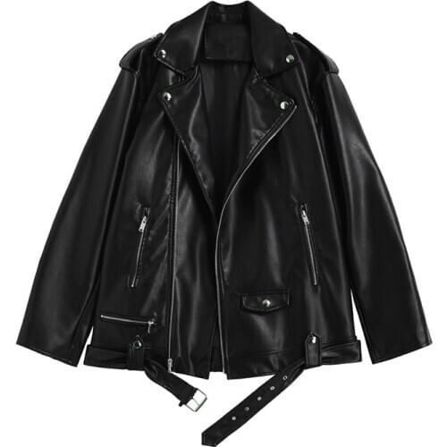 Autumn Plus size Women Coffee color Black Faux Pu Leather Jacket With belt 2021 New Loose Casual Motorcycle Biker Jacket Female