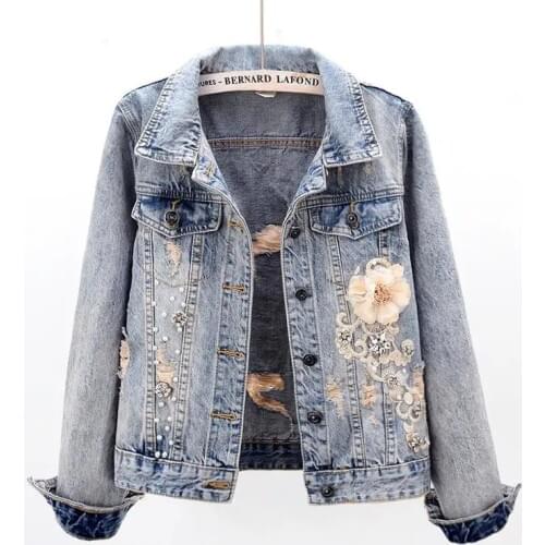 Women Denim Jacket Fashion Spring Slim Diamond Flowers Long Sleeve Cowboy Overcoat Female Outerwear Ladies printing Hole Tops