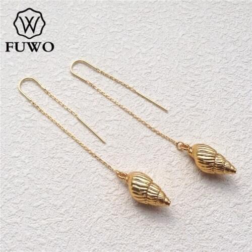 FUWO Little Conch Threader Earrings With 24K Gold Filled Minimalist Design Spiral Shells Earrings Beach Jewelry For Women ER512