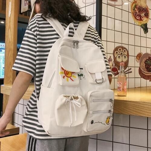 Solid Color Canvas Women Backpack Cute Cartoon School Bags Kawaii Multi-Pocket Backpack Ladies Travel Shoulder Bag Sac