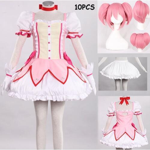 2019 Puella Magi Madoka Magica Magical Girl Kaname Madoka Cosplay Costume Short Ball Dress With Bowknots Cosplay Costume and wig
