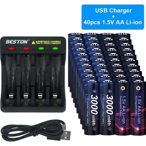 40PCS 1.5v AA Rechargeable Battery Lithium-ion AA Battery with LED Indicator Smart Charger for 1.5v Li-ion AA AAA Batteries AA