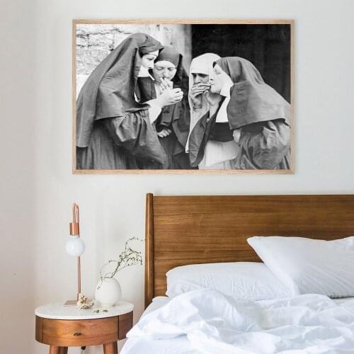 Black and White Nuns Smoking Posters Printed Wall Art Canvas Painting Picture Home Decor Artwork for Living Room