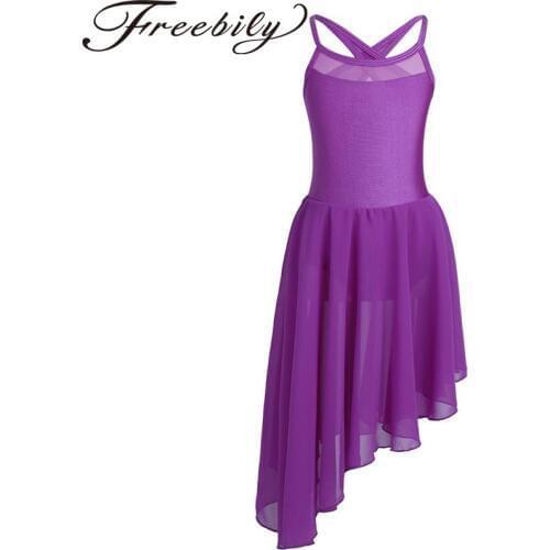 Kids Girls Mesh Splice Ballet Dress Spaghetti Shoulder Straps Cutout Back Irregular Hem Ballet Dance Gymnastics Leotard Dresses