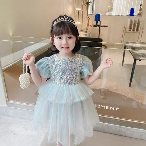 LISUNNY Girls Dresses 2021 Summer Children Princess Dress Fashion Sequins Lace Birthday Party Dress Kids Vacation Clothes